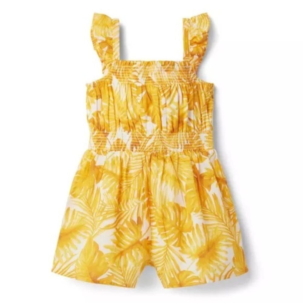 Janie and Jack Yellow and White Romper with Elastic Waist palm leaf